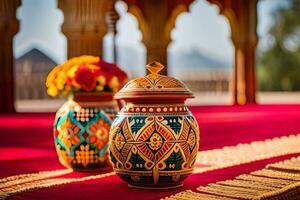 two colorful vases on a red table. AI-Generated photo