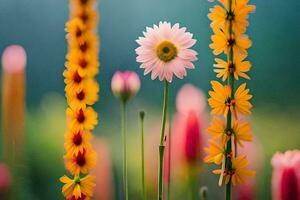 un campo de flores con un borroso antecedentes. generado por ai foto