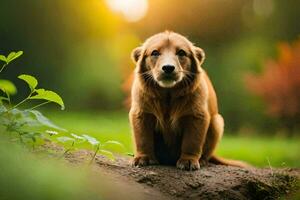 a golden retriever puppy sitting on the ground. AI-Generated photo