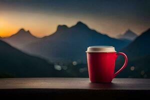 a red coffee cup on a table in front of mountains. AI-Generated photo