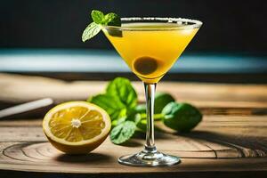 a cocktail with lemon and mint on a wooden table. AI-Generated photo