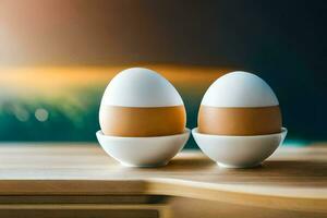 two eggs in a bowl on a table. AI-Generated photo