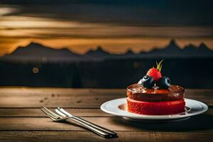 a dessert on a plate with a fork and knife. AI-Generated photo