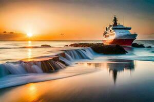 un barco en el Oceano a puesta de sol. generado por ai foto