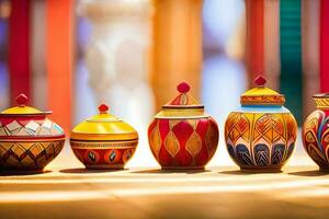 colorful pots and jars lined up on a table. AI-Generated photo