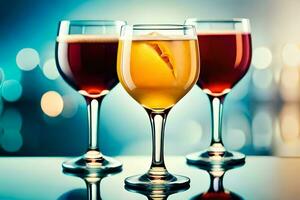 three glasses of wine with different colored drinks. AI-Generated photo