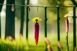 a flower hanging from a wire fence. AI-Generated photo