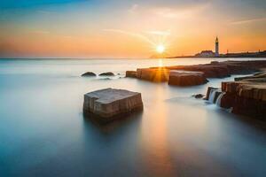 the sun rises over the ocean and rocks in the foreground. AI-Generated photo