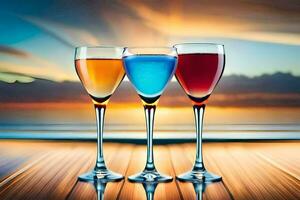 three glasses of colored drinks on a table. AI-Generated photo