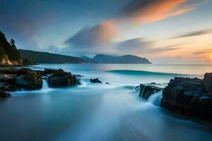 a long exposure photograph of waves crashing on the rocks. AI-Generated photo