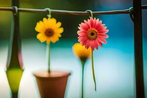 three flowers hanging from a wire. AI-Generated photo