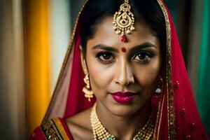 a beautiful indian woman wearing a red sari. AI-Generated photo