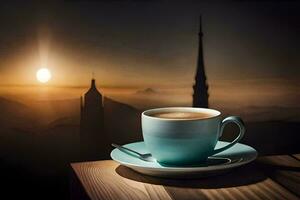 coffee cup on the table with a view of the city. AI-Generated photo