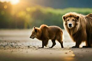 un león y un perro en pie en el playa. generado por ai foto