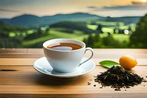 a cup of tea on a wooden table with a view of the mountains. AI-Generated photo