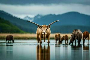 un grupo de vacas son en pie en el agua. generado por ai foto