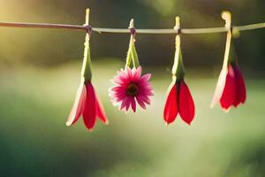 red flowers hanging from a clothesline. AI-Generated photo