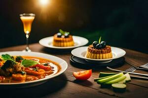 a table with food and drinks on it. AI-Generated photo