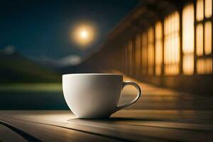 café taza en el de madera mesa, noche, luz, hd fondo de pantalla. generado por ai foto