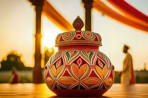 a colorful pot sitting on a wooden table in front of a sunset. AI-Generated photo