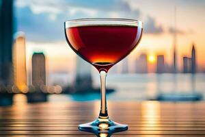 a glass of red wine on a table in front of a city skyline. AI-Generated photo