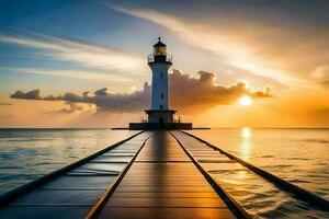 a lighthouse stands on a pier at sunset. AI-Generated photo