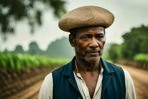 a man wearing a hat stands in front of a field. AI-Generated photo