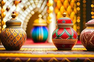 three colorful vases are on a table. AI-Generated photo