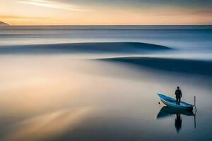 a man stands in a boat on the ocean at sunset. AI-Generated photo