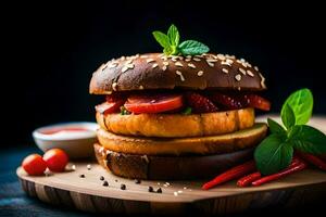 a hamburger with strawberries and tomatoes on a wooden cutting board. AI-Generated photo