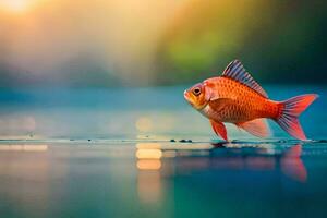 a fish is standing on the water with the sun in the background. AI-Generated photo