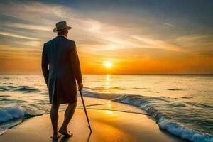 un hombre en un traje y sombrero caminando en el playa a puesta de sol. generado por ai foto