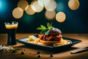 a plate with spaghetti and meat on it. AI-Generated photo
