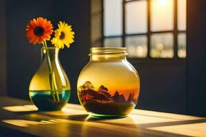 sunflowers in a jar with a window in the background. AI-Generated photo