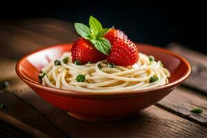 spaghetti with strawberries and basil on a wooden table. AI-Generated photo