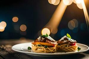 two plates with spaghetti and meat on a wooden table. AI-Generated photo