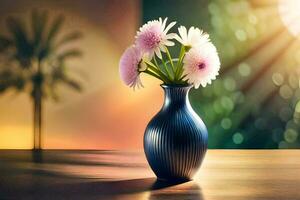 a vase with flowers on a table in front of a window. AI-Generated photo