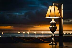 a lamp on a table in front of the ocean. AI-Generated photo