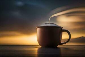 a cup of coffee on a table with a sunset in the background. AI-Generated photo
