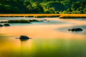 a river with rocks and grass in the foreground. AI-Generated photo