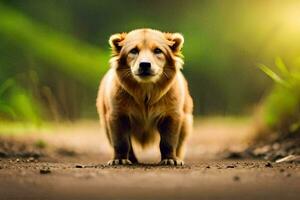 a brown bear is standing on a dirt road. AI-Generated photo