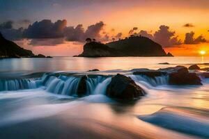 a beautiful sunset over the ocean with waves crashing into the shore. AI-Generated photo