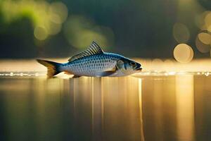 a fish is floating on the water in front of a blurry background. AI-Generated photo