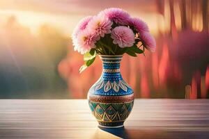 a vase with pink flowers on a table. AI-Generated photo