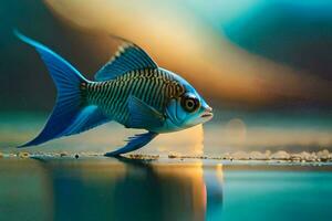 un pescado con azul y negro rayas es caminando en el agua. generado por ai foto