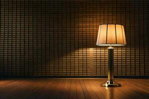 a lamp in a dark room with a brick wall. AI-Generated photo