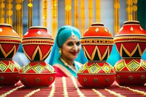 a woman in a turban is standing next to a row of colorful vases. AI-Generated photo