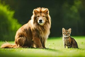 a lion and a cat sitting on the grass. AI-Generated photo