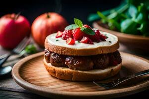 a hamburger with strawberries and mint on a wooden plate. AI-Generated photo