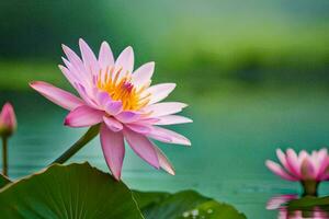 rosado loto flores en el agua con verde hojas. generado por ai foto